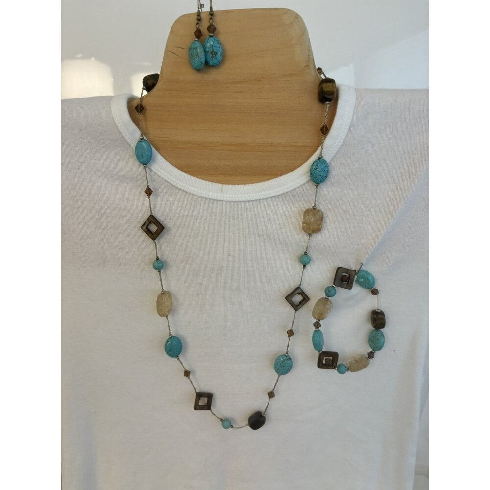Southwestern Turquoise/Brown Stone Faux Necklace Bracelet Earrings Set